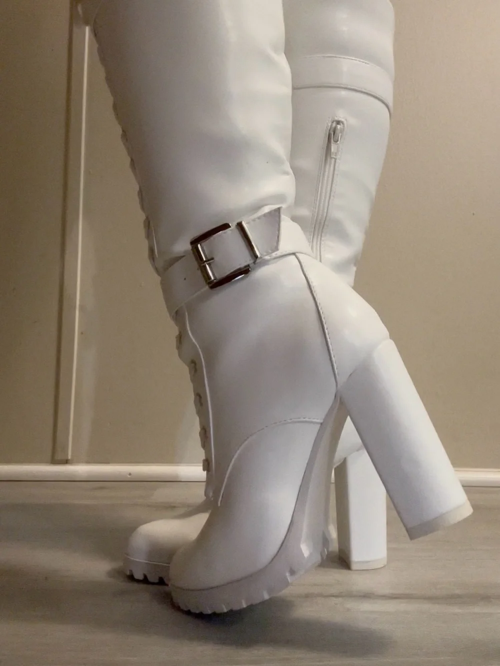 White Lace-Up Knee High Block Heel Boots - Women's
